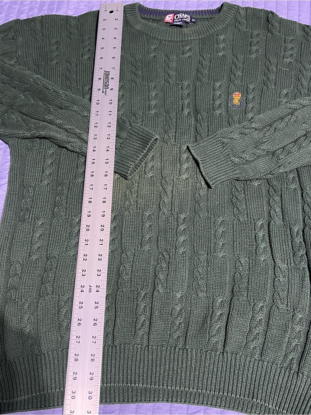 Chaps Ralph Lauren Dark Green Cable-Knit Crewneck Sweater with Crest Emblem XL - Picture 10 of 15